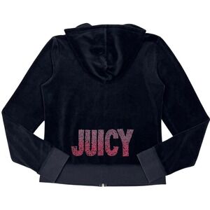 Juicy Couture‎ Black Velour Hoodie Womens Embellished Logo Zip Up Chic Y2K